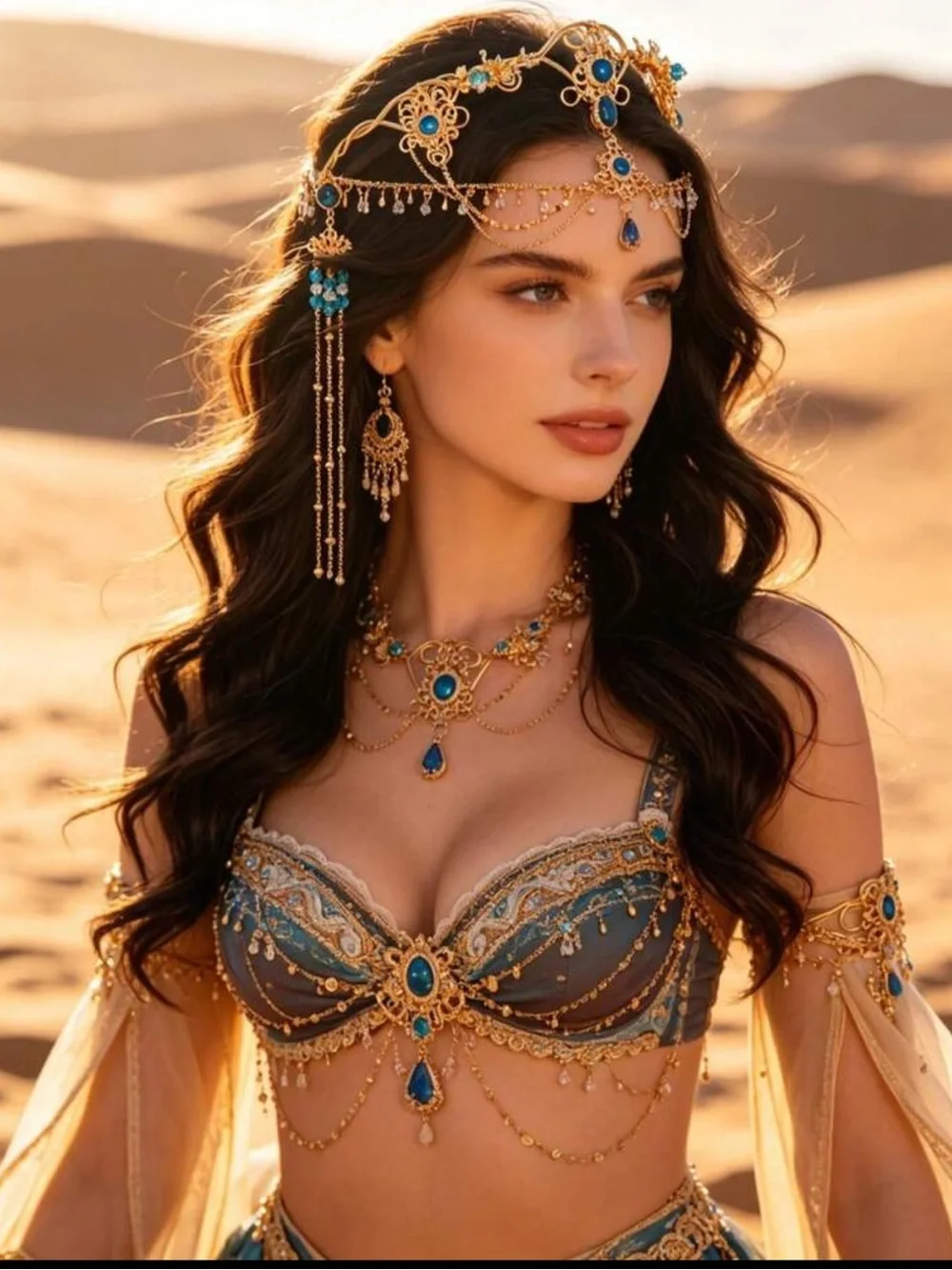 Gold and Blue Crystal Bohemian Forehead Chain Headpiece